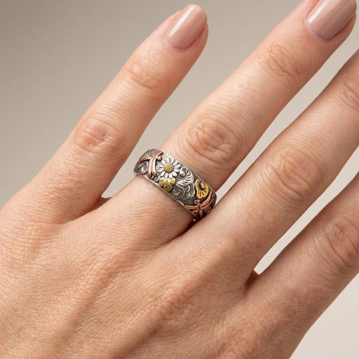 DRAGONFLY & SUNFLOWER VINTAGE SILVER BAND RING