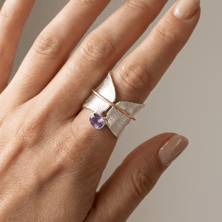 BUTTERFLY AMETHYST SILVER & GOLD RING