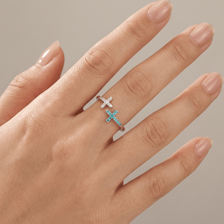 DOUBLE CROSS TURQUOISE & SILVER RING - (ADJUSTABLE)