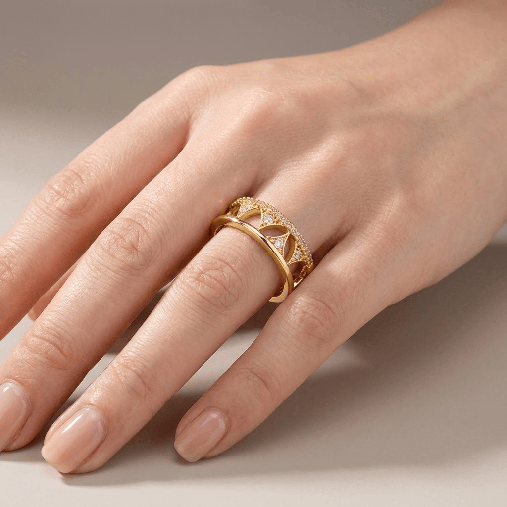 CRYSTAL CROWN GOLD BAND RING - (ADJUSTABLE)