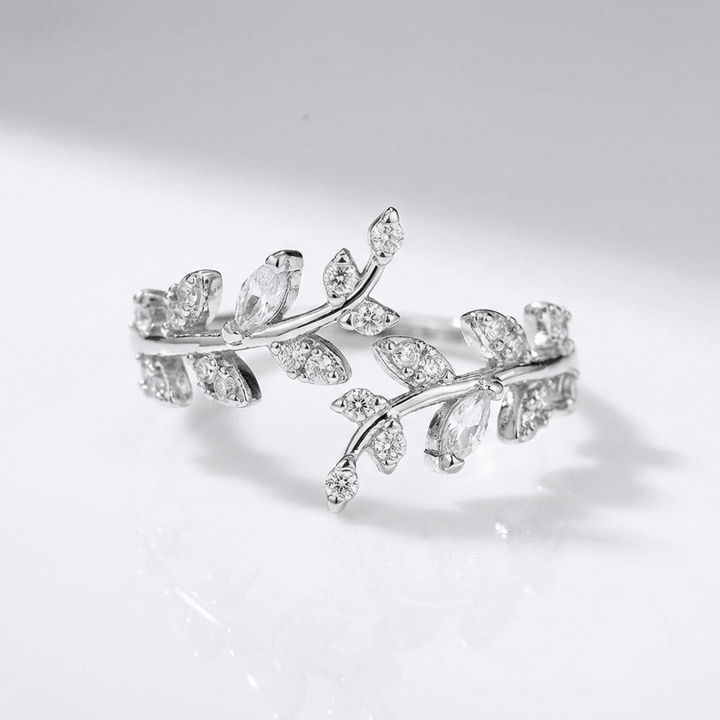CRYSTAL LEAF VINE SILVER RING - (ADJUSTABLE)