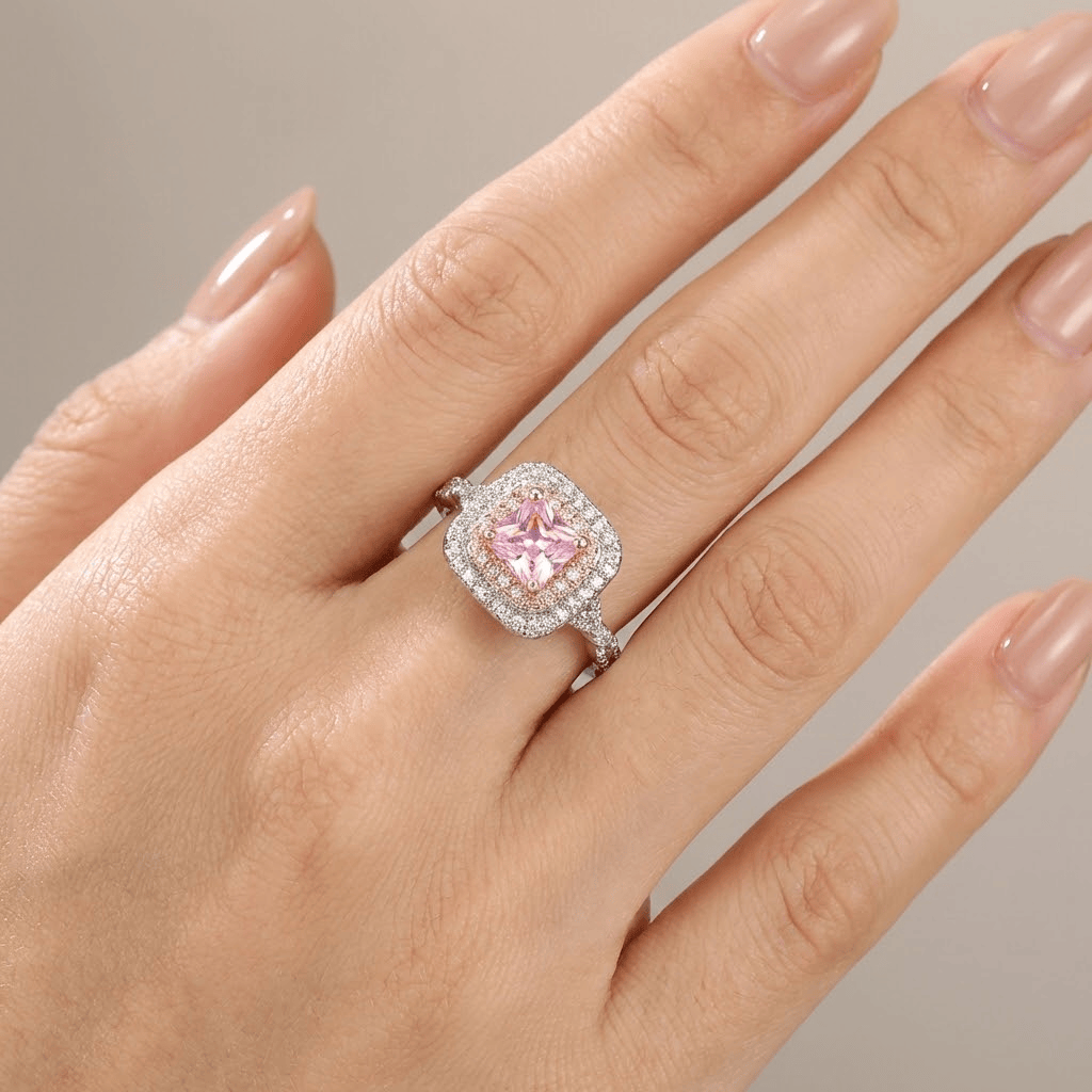 PINK CUSHION ZIRCONIA HALO RING