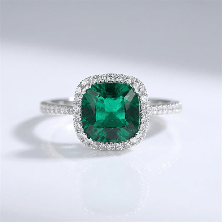 GREEN EMERALD CUSHION HALO RING