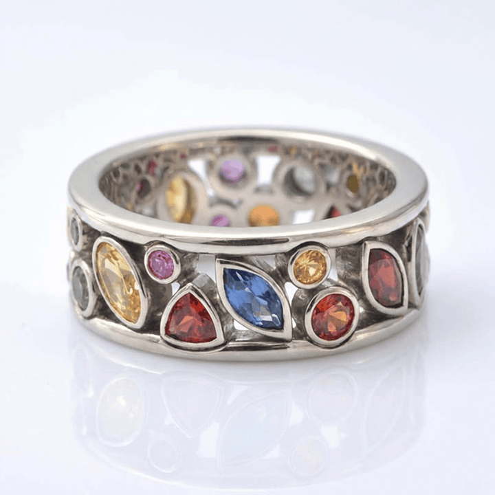 SILVER MULTI STONE RAINBOW RING