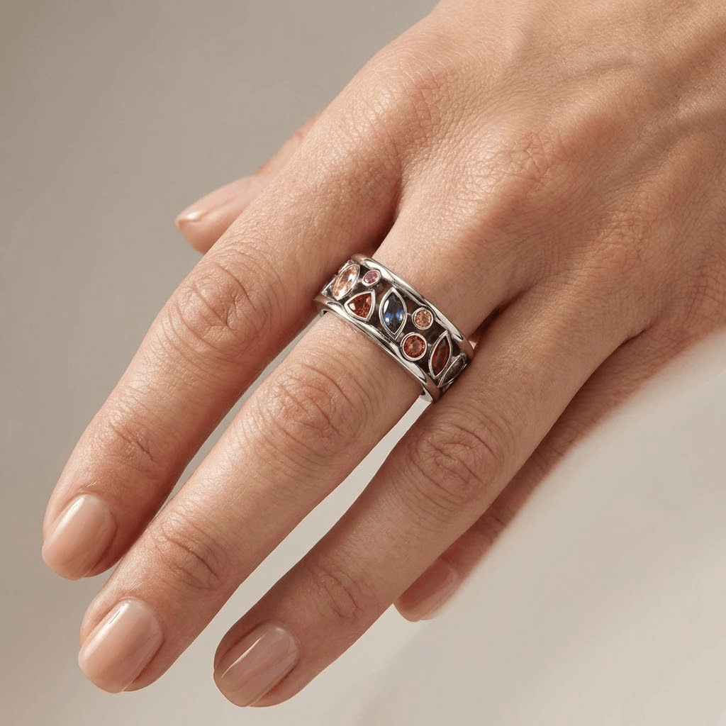 SILVER MULTI STONE RAINBOW RING