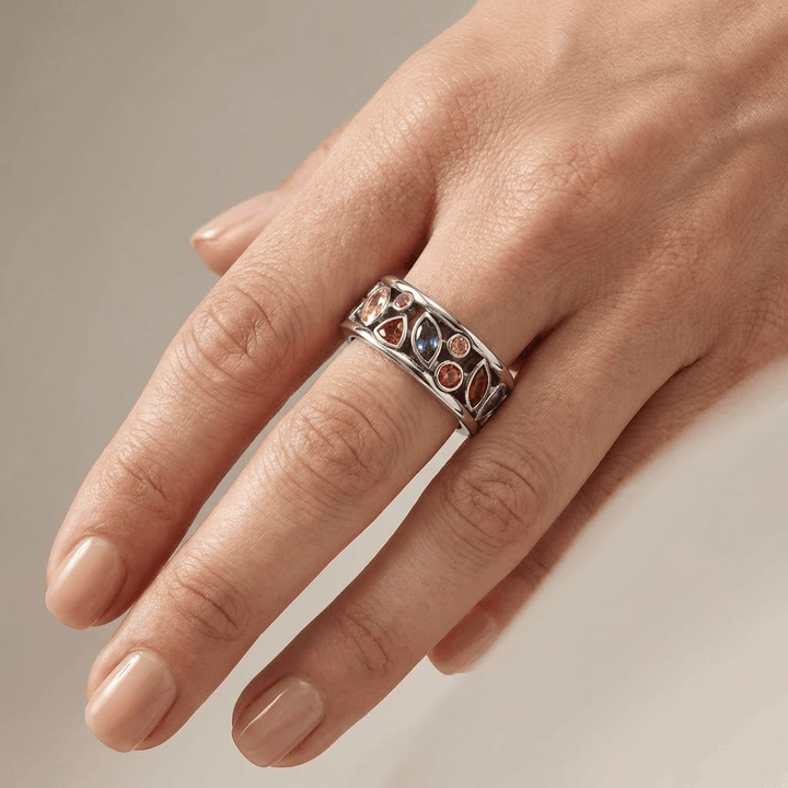 SILVER MULTI STONE RAINBOW RING