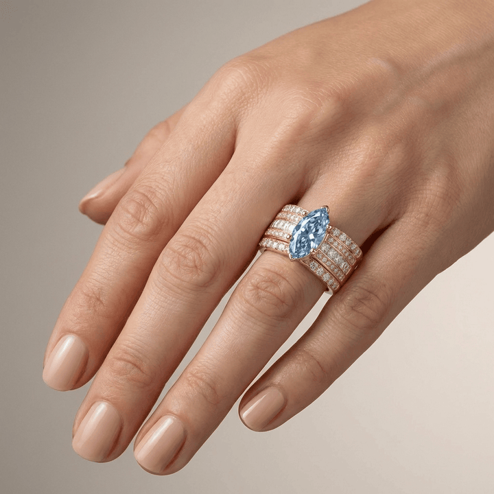 BLUE MARQUISE CRYSTAL GOLD WIDE BAND RING