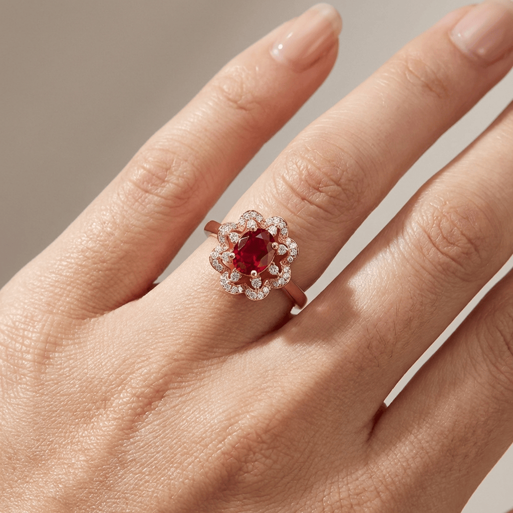 RED RUBY ROSE GOLD HALO RING