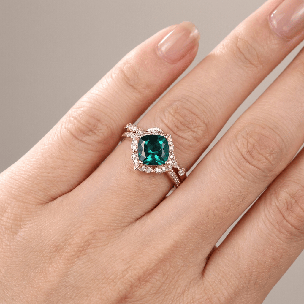 EMERALD ROSE GOLD HALO RING