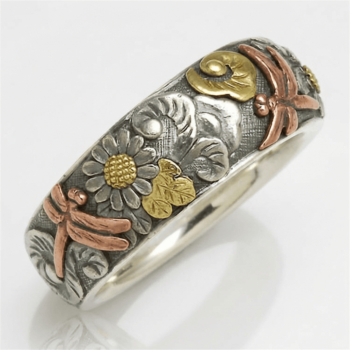 DRAGONFLY & SUNFLOWER VINTAGE SILVER BAND RING