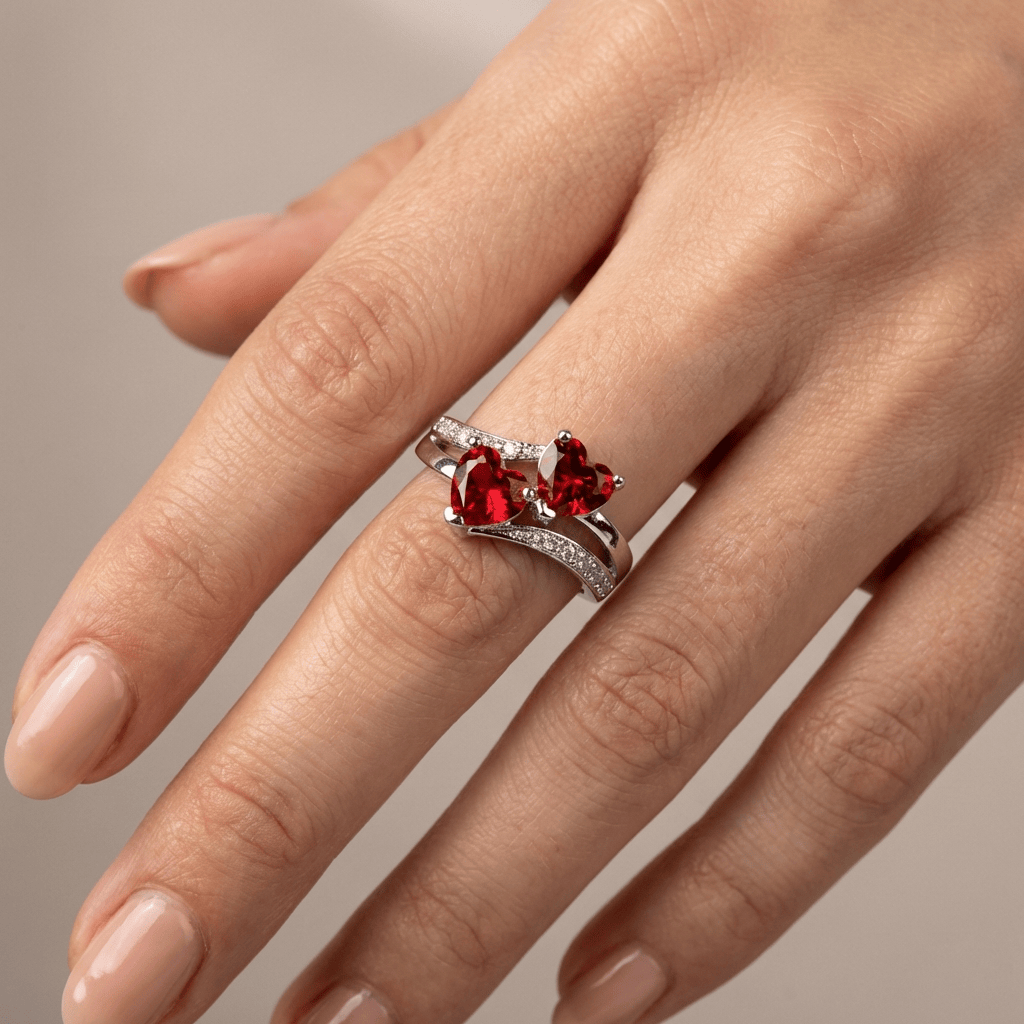 DOUBLE RED HEART SILVER RING