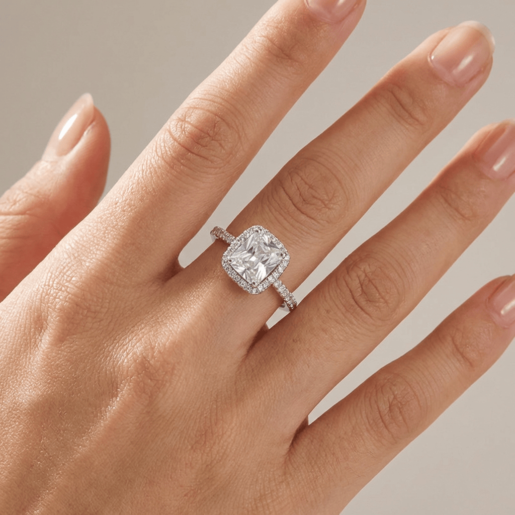 EMERALD CUT ZIRCONIA SILVER HALO RING